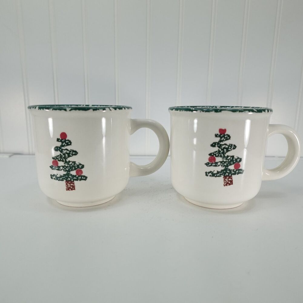 Furio Christmas Tree Mugs Set 2 Cream Green Ceramic Italian Holiday